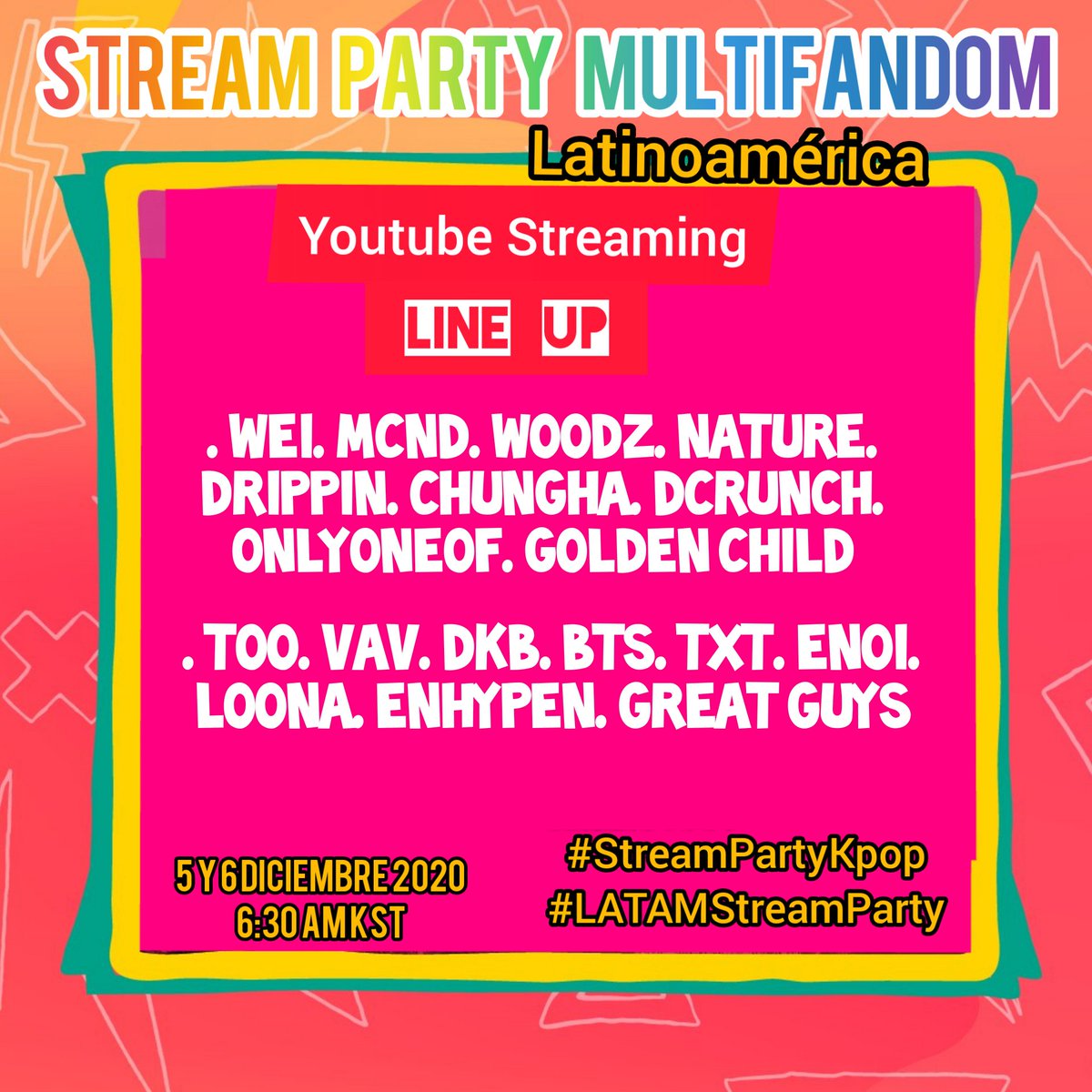 Enoi_Arg's tweet photo. [ ANUNCIO ]

Este sábado 5 y domingo 6 de diciembre desde las 6PM (Horario Argentino) tendremos un Stream Party Multifandom junto con 18 grupos.
Los grupos estarán repartidos entre ambos dias

#StreamPartyKpop #LATAMStreamParty #ENOi https://t.co/PEQ8LPdyZV