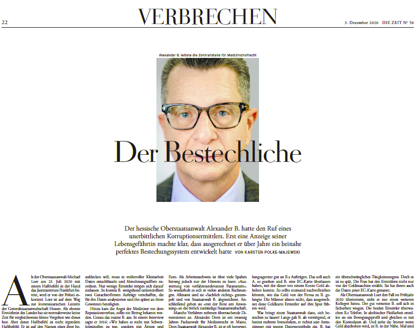 hfeldwisch's tweet photo. Der frühere Oberstaatsanwalt #AlexanderB war der wohl bekannteste Ermittler gegen Korruption im Gesundheitswesen - doch er hat sich offenbar selbst bestechen lassen und Verfahrensbeteiligten gedroht. Artikel von @PolkeMajewski in der neuen @DIEZEIT, mit @mstnhgn &amp; mir: https://t.co/IwGgTFfHR3