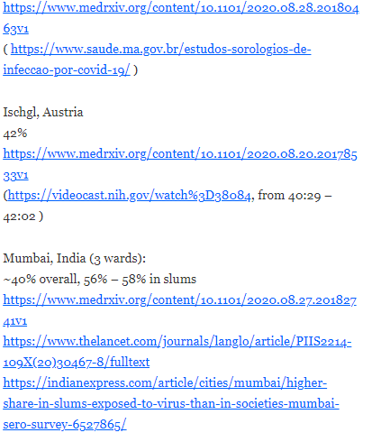 “Evidence against [herd immunity thresholds of 10-20%] is mounting, including [...] attack rates exceeding 50% in the hardest hit regions [...]” https://www.medrxiv.org/content/10.1101/2020.12.01.20242289v1 https://twitter.com/AtomsksSanakan/status/1334597442839384070Summary of some examples of this covered in this thread: https://judithcurry.com/2020/10/14/t-cell-cross-reactivity-and-the-herd-immunity-threshold/#comment-933276