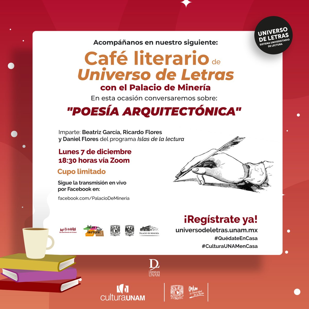 #CaféLiterario
¡Vamos a reunirnos en esta charla sobre la poesía arquitectónica, a partir de poemas de Jorge Luis Borges! Claro, con los universitarios de #IslasDeLaLectura de @universoUNAM
✍️Regístrate: https://t.co/PDYha9KZnV https://t.co/kbm95gH9Wl