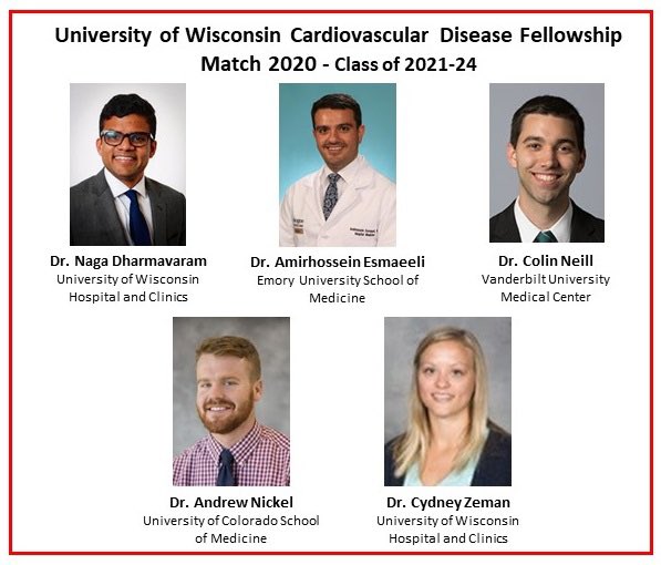 Congratulations and a very warm welcome to our newest colleagues at the University of Wisconsin - Cardiovascular Medicine. We are very glad you matched here and can’t wait to see you all next year. ⁦@uw_IMresidency⁩ ⁦@UWHealth⁩ ⁦@AHAMeetings⁩ ⁦⁦@acgme⁩