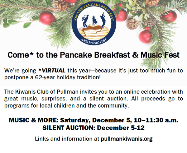 PullmanKiwanis's tweet photo. HOLIDAY CHEER: Enjoy music by #Pullman youth, RTOP scenes, seasonal reading by Mayor Glenn J. and more. FREE. 10-11:30 a.m. this Saturday. A thank you from #Pullman #Kiwanis Use this link to view online: Pancake Breakfast Music Fest (YouTube Live): https://t.co/1xEHowKfK2 https://t.co/Kt39LdwklQ