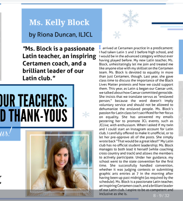 ILClassics's tweet photo. Shout-out to Magistra Block of @PaytonNews in the Winter 2020 issue of Torch: U.S. includes her dedication to #Certamen, #IJCL, #BlackLivesMatter &amp; social justice! 
Read it now at https://t.co/oRO3FlQPEs 
#ILJCL #NJCL #IllinoisLatinTeachers #IllinoisLatinStudents https://t.co/MThqF7qBD9