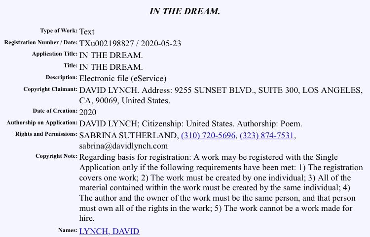 One more small detail about Lynch and copyrights: in May of this year, he copyrighted a poem named ‘IN THE DREAM.’