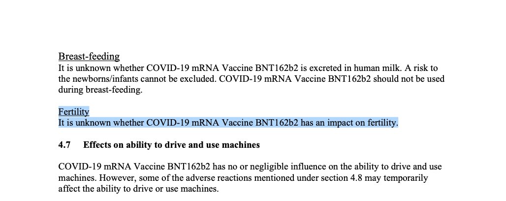 This will be buzzing around tomorrow the  #CovidVaccine has not got enough data on any possible effects on fertility.  https://assets.publishing.service.gov.uk/government/uploads/system/uploads/attachment_data/file/940565/Information_for_Healthcare_Professionals_on_Pfizer_BioNTech_COVID-19_vaccine.pdf
