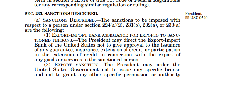 3. Regarding Turkey, section 235 of the CAATSA on sanctions are that could be applied