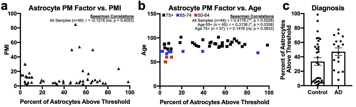 Finally, when we quantified the percent of nuclei above threshold for either PM microglial or astrocyte factors vs. meta-data variables and PMI was not correlated but age of the donor was. 32/n