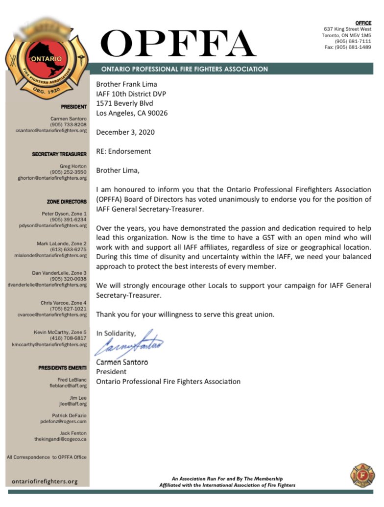 The Board of the Ontario Professional Fire Fighters Association is proud to endorse Frank Lima for for the position of Secretary Treasurer of the #IAFF.  You have demonstrated the passion and dedication required to help lead this organization. 
<a href="/LimaforGST/">Lima for GST</a>