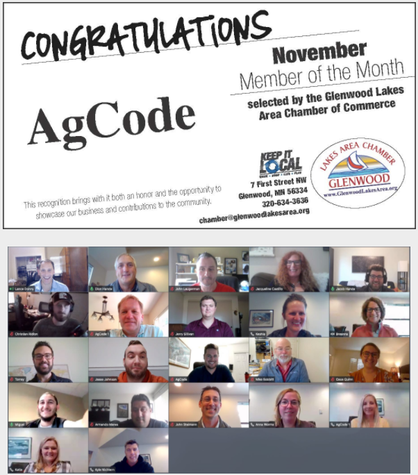 AgCodeInc's tweet photo. We were honored to be the Glenwood Lakes Area Chamber of Commerce November Member of the Month! Thank you!
.
.
.
.
#AgBusiness #agtech #AgCode #farmmanagementsoftware #chamberofcommerce #localbusiness https://t.co/W0HjuFLlbZ