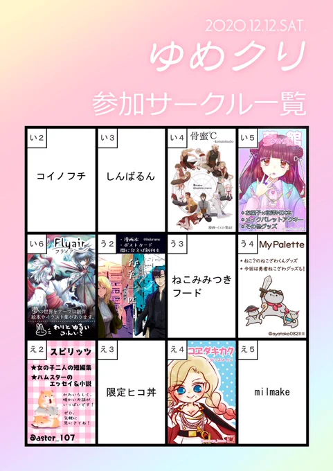 【12/12(土)】ゆめクリピクトスクエアさんにて開催致します。12サークルによる オリジナル作品の即売会ですサークルカット一覧を更新しました!ジャンルごとにスペース配置を致しました!ぜひ当日ピクトスクエアにて遊びに来てください?(一般参加は無料です!) #ゆめクリ 