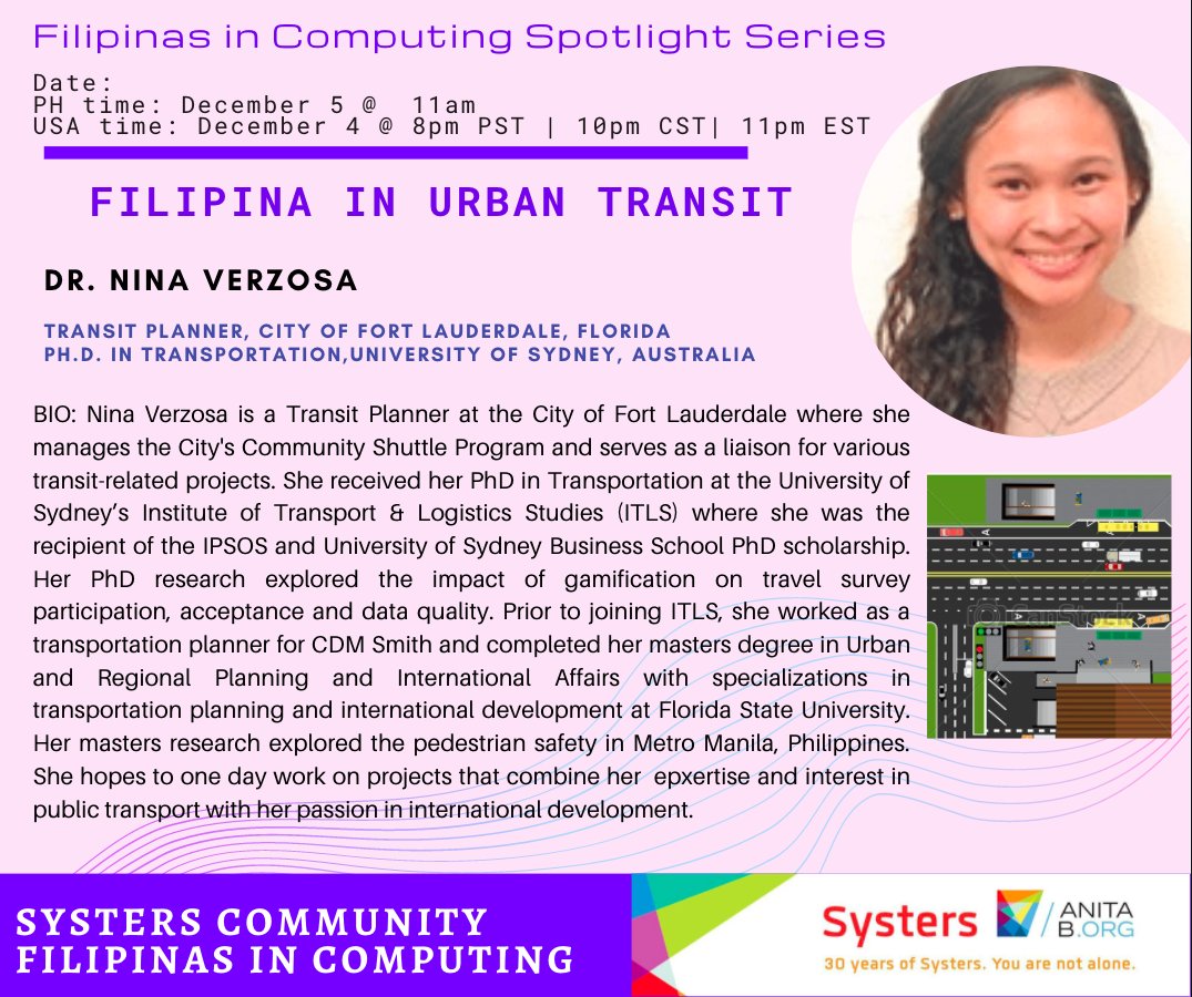 Join us this weekend at our #FilipinasInComputing Spotlight Series event with Dr. Nina Verzosa - a Transit Planner at the City of Fort Lauderdale, Florida! 

PH time: December 5 @ 11am
USA time: December 4 @ 11pm EST

✨ Register here ✨ lbnl.zoom.us/meeting/regist…