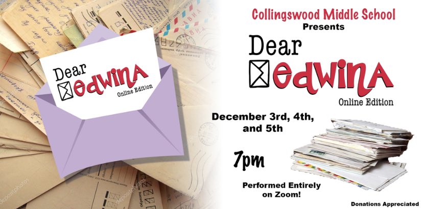 Getting ready to watch #DearEdwina! Best of luck to all the kids, and thank you Mr. Hartung, Ms. Whitman, and Mr. DeSantis for managing to bring the arts to us, even in #2020! <a href="/CollsSchools/">Colls Public Schools</a> #collsedu