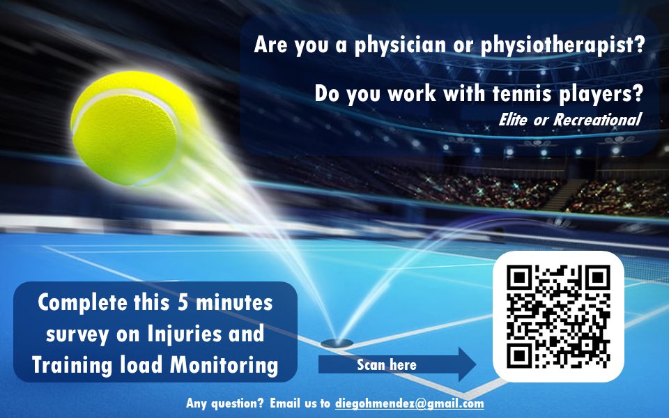 We are conducting an international survey about injury surveillance and training load monitoring in TENNIS!! 🎾 🎾 

Please complete and share! 🙏 

English forms.gle/4y38i3Jg9Mf1aC…
Español forms.gle/JrtzDvPedHs7rj…
Portuguese forms.gle/4y8wAL81tZH1cs…