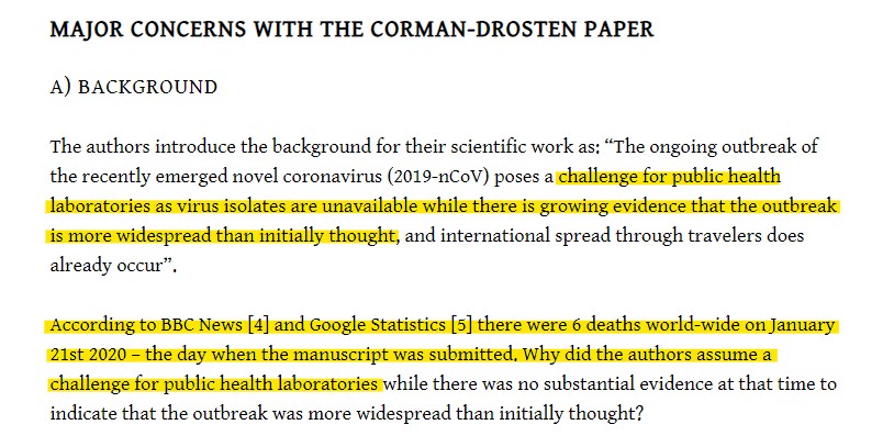 41/ Christian Drosten led creation of the world's predominant COVID PCR test using "in silico (theoretical) sequences, supplied by a laboratory in China." It was accepted, without real peer review, the same day  @WHO confirmed human-to-human transmission. https://cormandrostenreview.com/report/ 