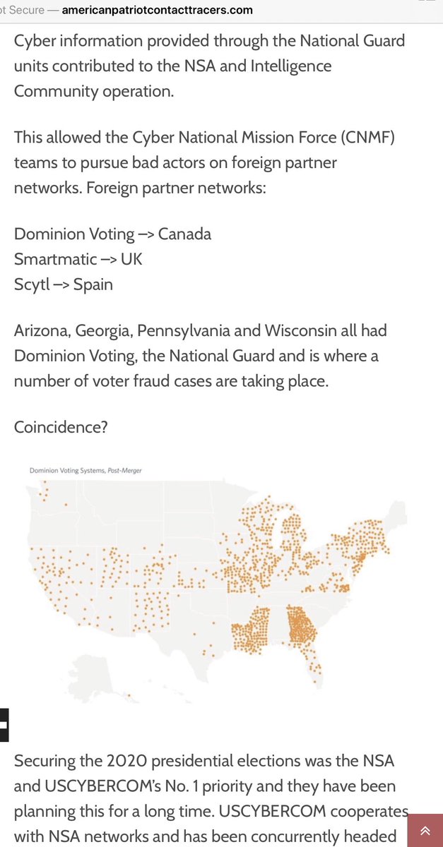 “This allowed the Cyber National Mission Force (CNMF) teams to pursue bad actors on foreign partner networks. Foreign partner networks:Dominion Voting –CanadaSmartmatic –UKScytl –Spain Arizona, Georgia, Pennsylvania and Wisconsin all had Dominion Voting & the National Guard“