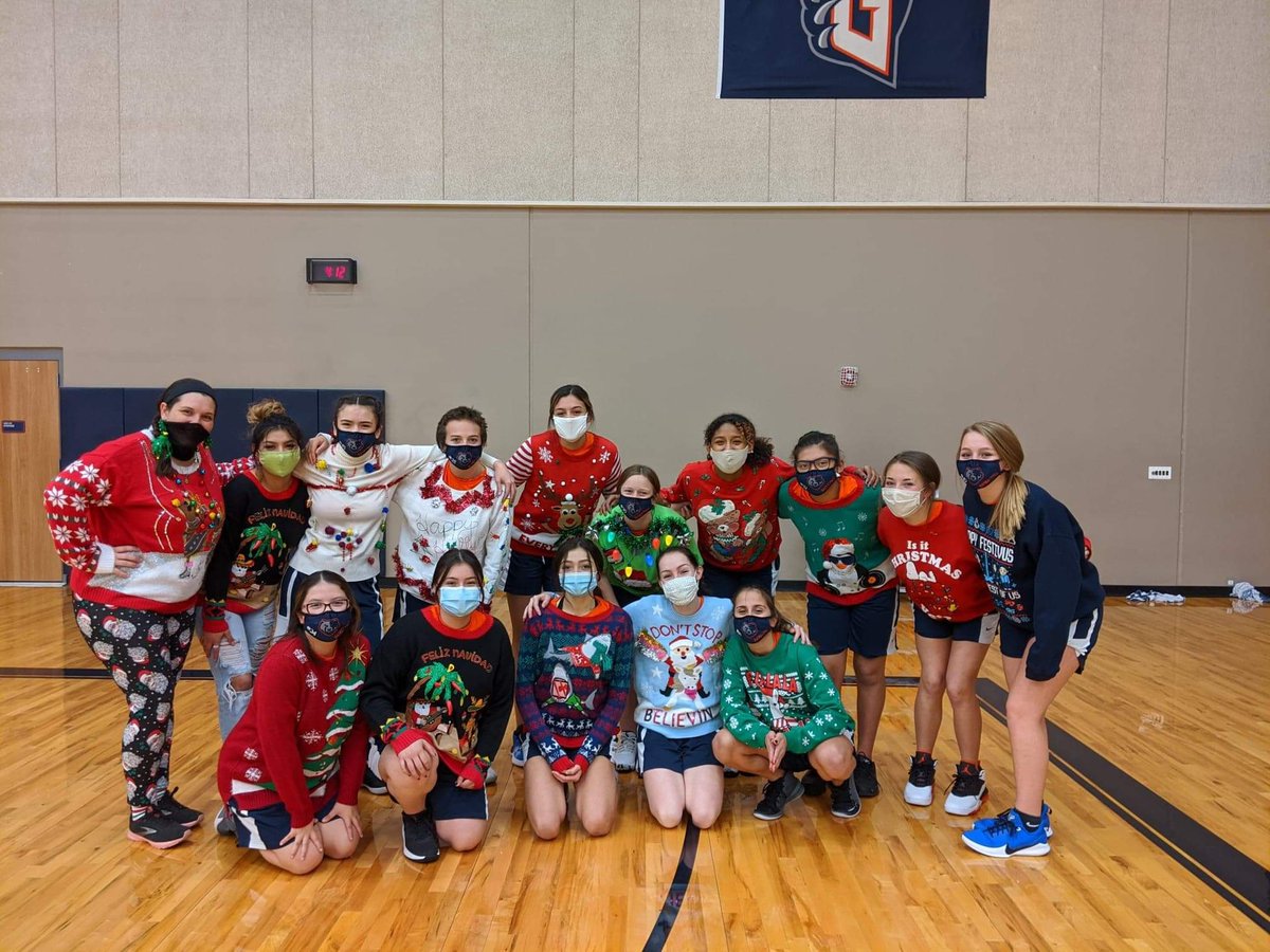 GrizzGirlsBball's tweet photo. We had our 1st annual Ugly Christmas Sweater practice. Congrats to the freshman group for lasting the entire practice with them on. Upperclassmen wore them for about 15 mins. #family #gogrizz https://t.co/WfoIfwIppN