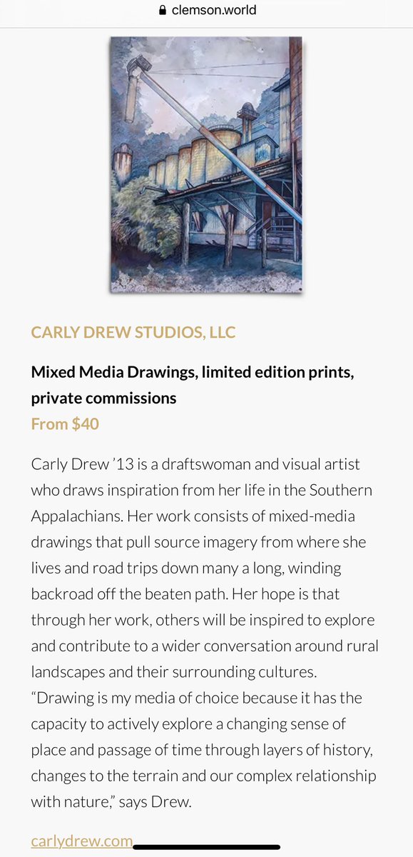 Clemson Visual Arts (@clemsonvisarts) on Twitter photo We are beyond excited to congratulate our art alumni chosen to be featured in the Clemson World Holiday Gift Guide. Tonight, we highlight MFA Alumna, Carly Drew ’13 a draftswoman and visual artist who draws inspiration from her life in the Southern Appalachians #clemsonvisualarts We are beyond excited to congratulate our art alumni chosen to be featured in the Clemson World Holiday Gift Guide. Tonight, we highlight MFA Alumna, Carly Drew ’13 a draftswoman and visual artist who draws inspiration from her life in the Southern Appalachians #clemsonvisualarts