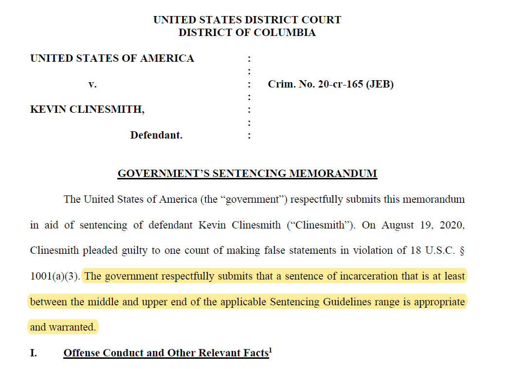 The DOJ has filed its Kevin Clinesmith sentencing memoThey want incarceration.DOJ: Clinesmith wasn't just altering e-mails - he was lying about Carter Page in DMs to the FBI agent.Thread.