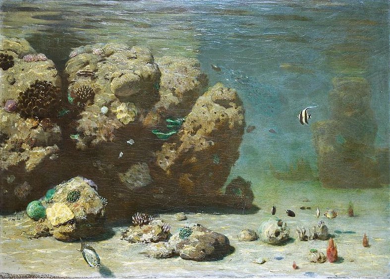 Eugen von Ransonnet-Villez, “Painting made from a drawing performed in an underwater submersible” (ca. 1867)  https://publicdomainreview.org/collection/underwater-landscapes-of-eugen-von-ransonnet-villez (Naturhistorisches Museum Wien)