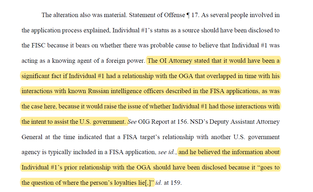 Why the Clinesmith lie was material:"It would raise the issue of whether [Carter Page] had those interactions with the intent to assist the US gov't."It would go to the "loyalties" of Carter Page.Clinesmith knew FISC needed to be informed. @AWeissmann_ disagrees 