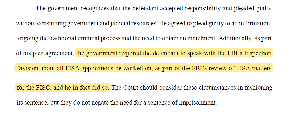 As to Clinesmith's limited cooperation:He spoke with the FBI Inspection Div. about "all FISA applications he worked on."There is no broader conspiracy - looks like Clinesmith acted alone on this.Sentencing is on December 10. Full doc: https://www.scribd.com/document/486864896/Clinesmith-DOJ-Sentencing-Memo