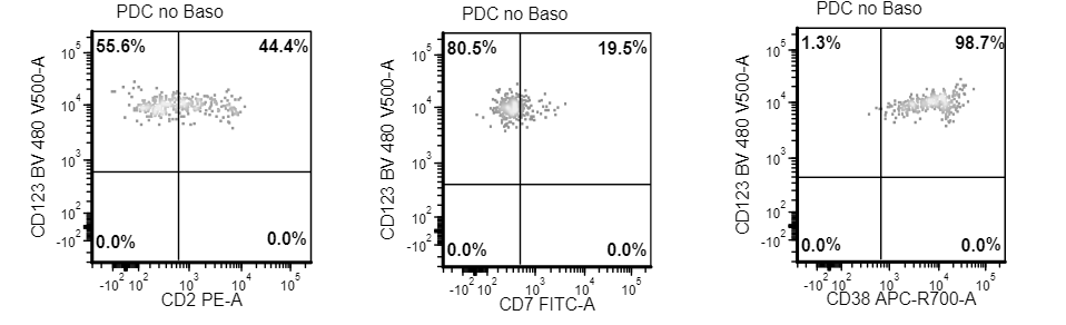 SibaElHussein's tweet image. Reactive plasmacytoid dendritic cells (PDCs) vs Blastic Plasmacytoid Dendritic Cell Neoplasm (BPDCN) by flow cytometry analysis➡️

Reactive PDCs: brightly positive for CD38 and CD123, positive for CD303 and HLA-DR,with subset CD2 positivity, and CD7 negativity.

#hemepath