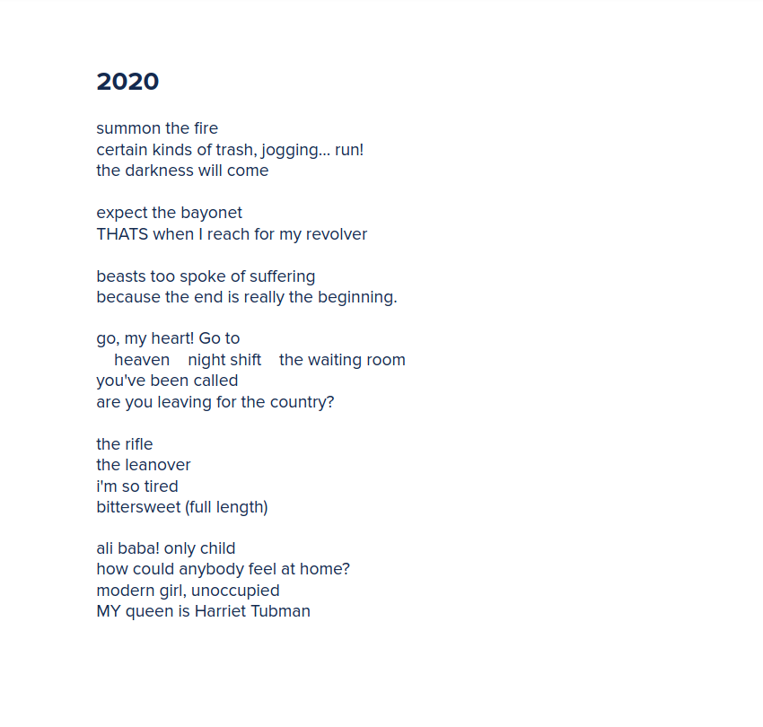 Challenge: take only the titles from your Spotify top 20. reorder, reformat, punctuate, as needed, make a poem that describes this year.

Here's mine: