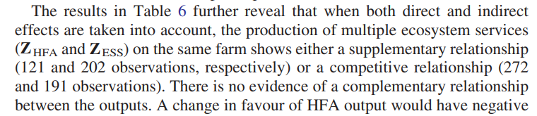 It's interesting also that when delivering two schemes (HFA & CSS) on the same farm that the relationship between the outputs was mainly competitive or supplementary. Again, interesting to see whether interaction between the 2 lower ELM components must necessarily be competitive.