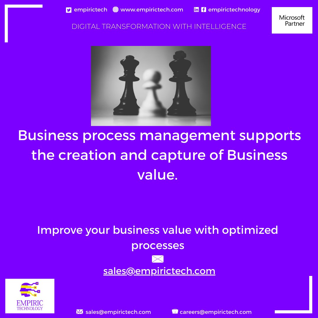 empirictech's tweet photo. Businesss process management supports the creation and capture of business value. Do you want to discover use cases for your enhanced business value?

Create business value via optimized processes. 

#businessprocessmanagement 
#businessvalue 
#transformyourbusiness https://t.co/8DNFdNrefF