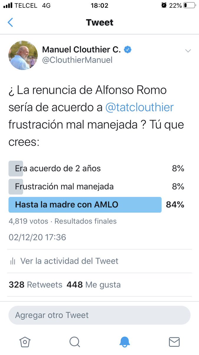 Resultados finales de la encuesta que ilustra la opinión del pueblo bueno y sabio , 84% de la gente cree que Alfonso Romo renuncio del Gobierno por estar hasta la madre de AMLO ! Votaron 4819 personas