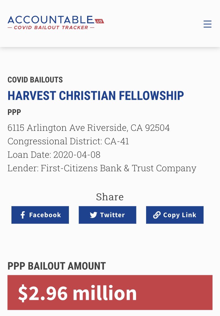 Speaking of churches that mix politics with prayer, Greg Laurie’s Harvest Church received a PPP loan for just under $3 million dollars - which is, coincidentally, the same amount that his Newport Beach house is worth.  #TaxTheChurch