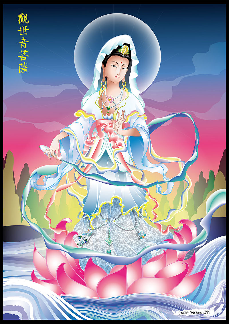 1er forme : (水月觀音 Shuiyue Guanyin) Guanyin à la Lune sur l'Eau Assise ou debout sur une fleur de lotus, parfois munie de plusieurs tetes ou bras et observant le reflet de la Lune sur l'eau
