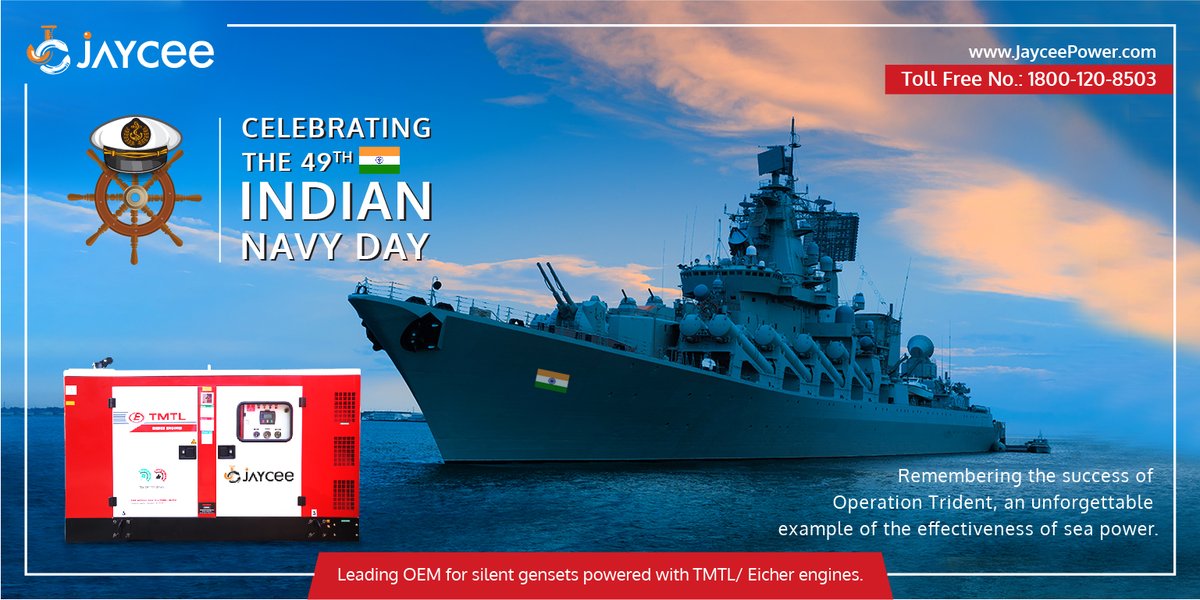 The #IndianNavyDay commemorates the achievements of the Indian marine forces, and marks the anniversary of #OperationTrident, one of the greatest seafaring victories in #IndianNavalhistory. 

#Jaycee #JayceePower #IndianNavyDay2020 #EnergySolutions #dieselgenerators #TMTL #Eicher