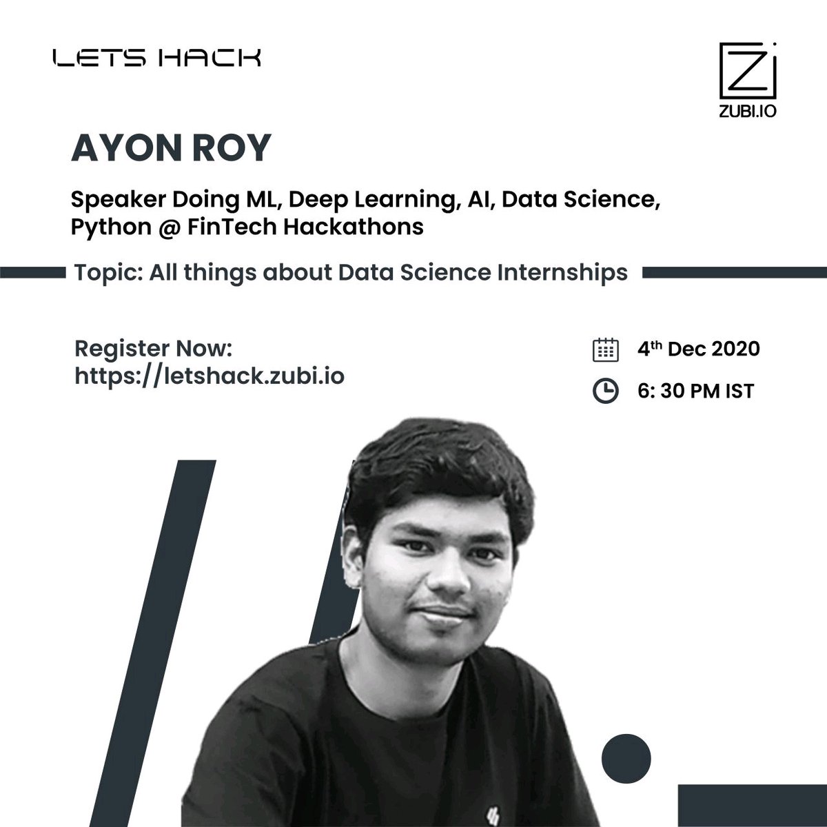 Join us live with Ayon Roy as he will be sharing some specifics from his previous journey in Data Science.

YouTube Link for the session - lnkd.in/eh6aRBw

#letshack #hackathon2020 #technology #HackWithZubi #zubi #Learn #Build #Innovate #datascience