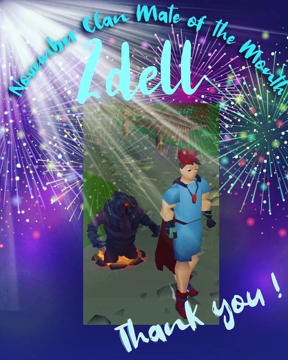 os_serenity's tweet photo. I am happy to present our November Clan mate of the month: 2dell! 

Thank you so much for always looking out for the clan, and thank you for all of your generosity. We appreciate everything you have done for the cc <3 

With love, 
OS Serenity Stars 

#osrs #oldschoolrunescape https://t.co/YQtRG6gCtP