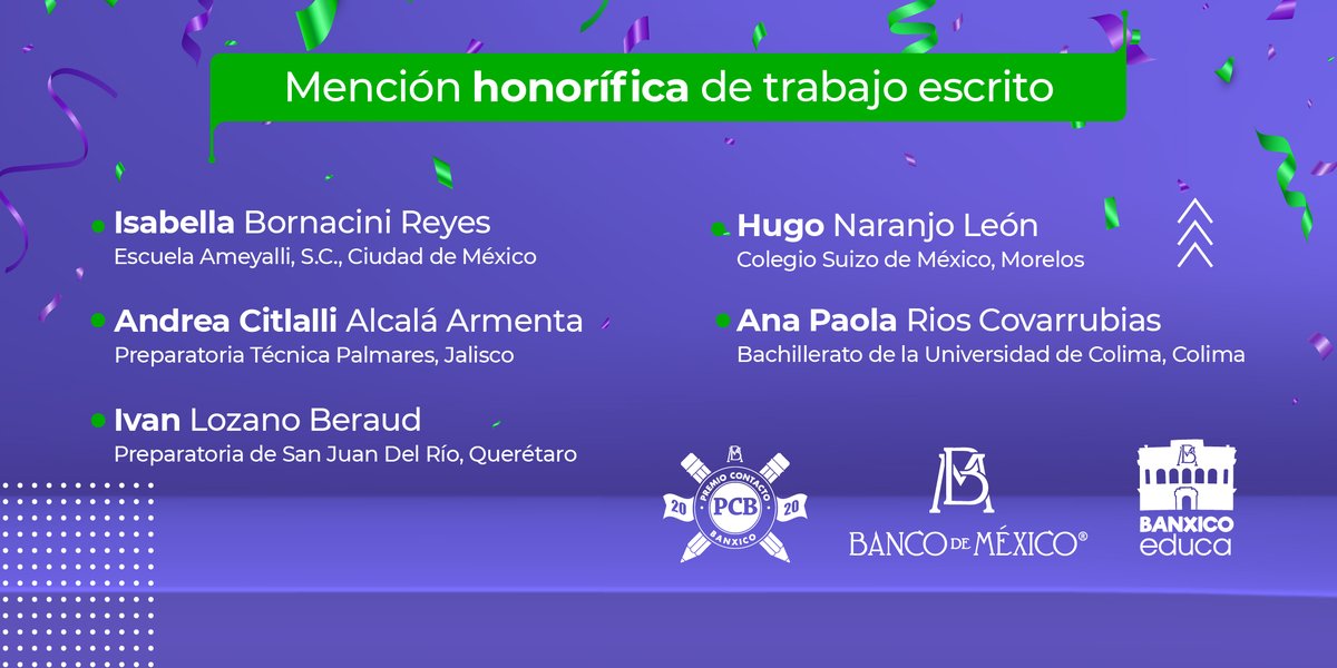 BanxicoEduca's tweet photo. Felicitamos a las personas que obtuvieron mención honorífica en la categoría "Trabajo Escrito" del #PCB2020 https://t.co/dsvbs8eZN0