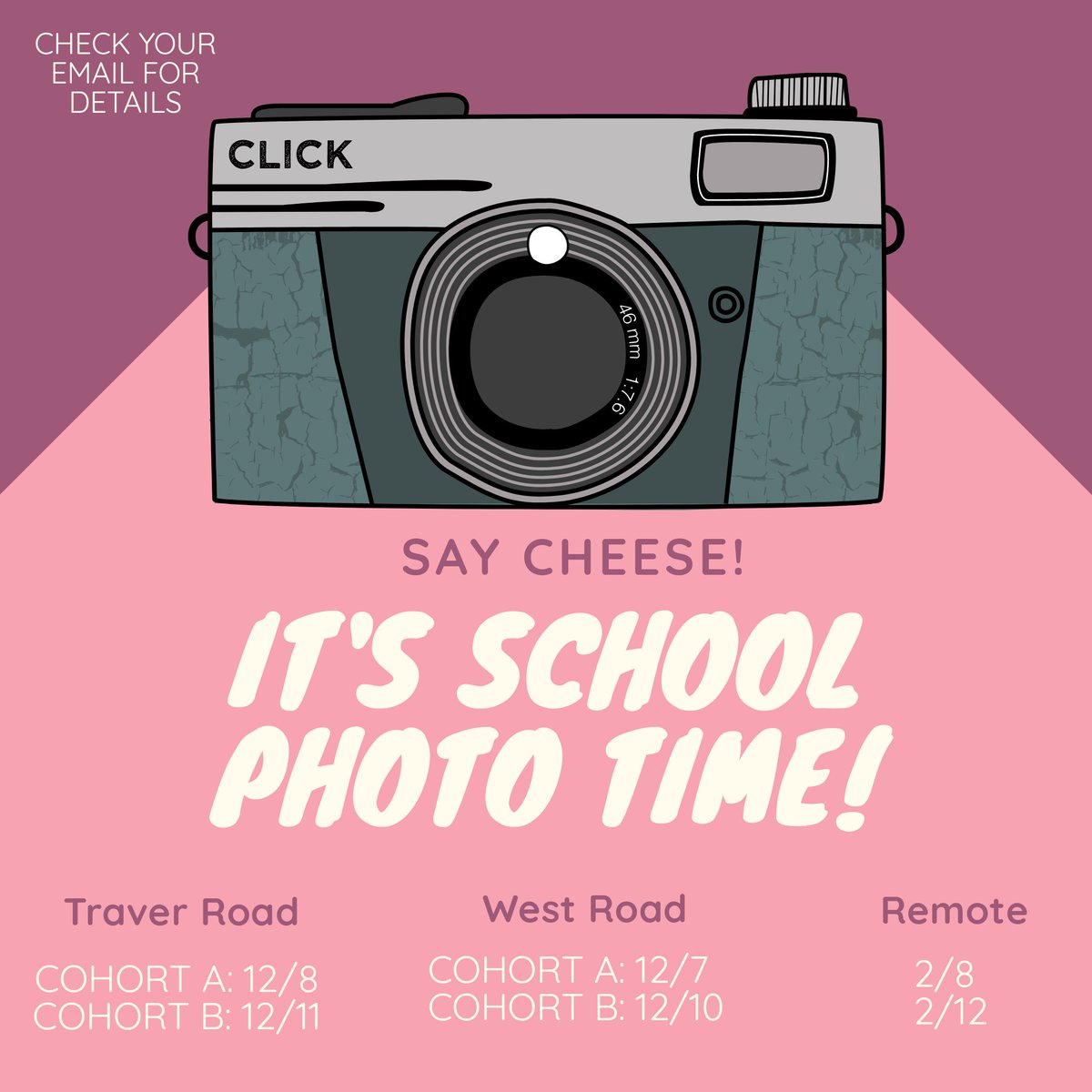 📸 Practice those smiles! The time has come for school photos!

We thank you for your patience as we worked out the details! Check your email for further information!

💻 Order your packages ahead of time:
mylifetouch.com

You can find copies of forms in your emails!