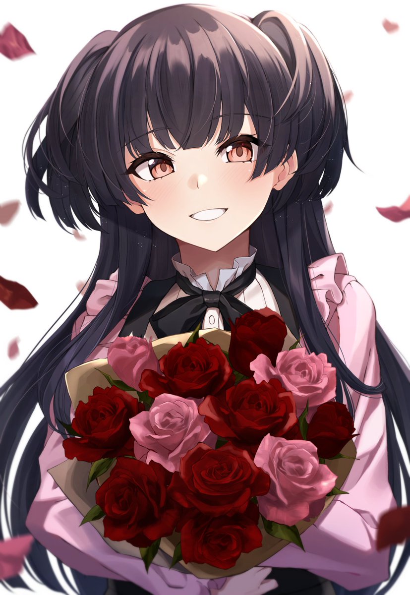 mayuzumi fuyuko 1girl solo flower bouquet black hair petals smile  illustration images