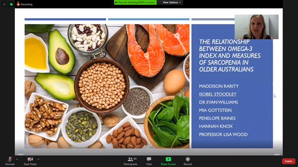 LilyMWilliams01's tweet photo. The NSA 2020 Virtual Conference is happening! Here is a member of our nutrition team @IsobelStoodley presenting on her research looking the the relationship between omega-3 index and measures of sarcopenia in older Australians. Go Isobel! @nutsocaus #NutSocAus https://t.co/vB3Ayu0PAJ