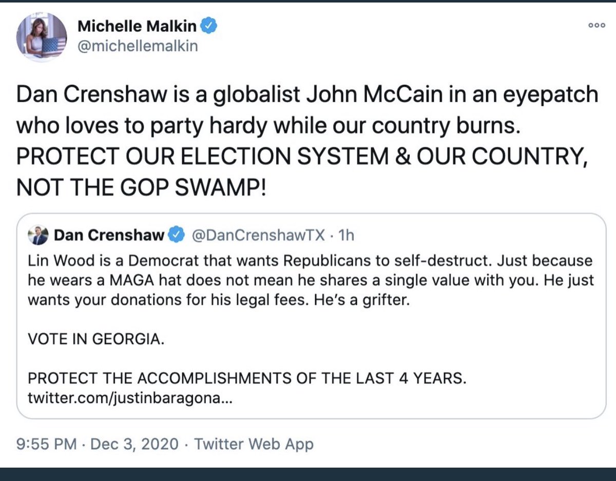 Michelle Malkin is attacking Rep. Dan Crenshaw who's attacking Lin Wood who's attacking the governor of GA and urging MAGATs not to vote for Republicans Kelly Loeffler and David Perdue and goddammit I swear there's never enough popcorn to go around in this establishment