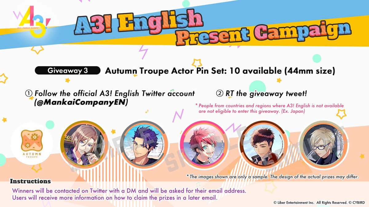 The 3rd RT Present Campaign Giveaway is here! Follow us on Twitter and give this tweet an RT by 12/6 7:00 PM Pacific Time to be entered into a contest for some Autumn Troupe Actor pins! DL: is.gd/36KFFc #a3game