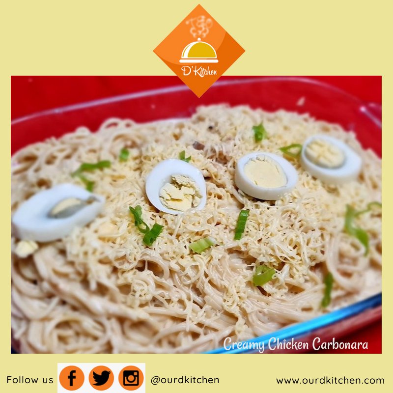 OurDKitchen's tweet photo. A classic creamy pasta, bacon bits, chicken strips, mushrooms, and onions cooked together and tossed in a heavy cream-and-cheese mixture.

#carbonara #pasta #creamycarbonara #food #foodie #foodphotography #foodstagram #foodblogger #smallbiz #smallbusiness #supportsmallbusiness https://t.co/Ii3dkYGuYf