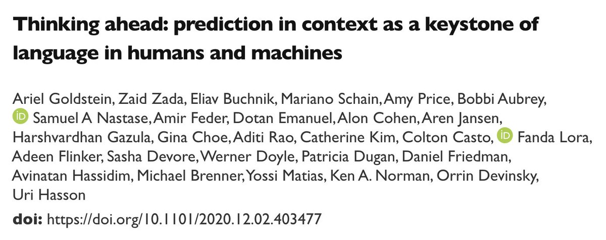 New preprint from the Hasson Lab with <a href="/ArielYGoldstein/">Ariel Goldstein</a> and many collaborators at NYU and Google Research showing deep connections between the way the human brain and deep language models like GPT2 process language in natural settings: doi.org/10.1101/2020.1…