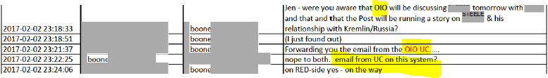5/ on Feb 2, 2017, REDACTED told Boone that OIO will be discussing REDACTED and sent her email from an OIO UC.