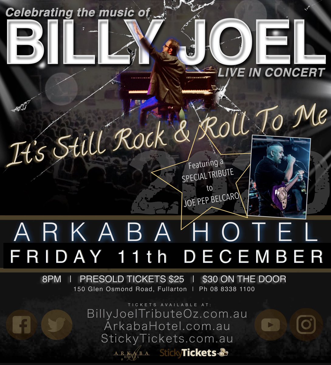 BillyTributeOz's tweet photo. Restrictions down... Billy up!!!

🗺@ArkabaHotel 
🗓Friday 11th December 2020
🎸Featuring a Tribute to Pep Belcaro
🕰8pm doors
🎫https://t.co/XdXWruUZge

#BillyJoel #NewDateAgain #COVID #LetsGet2020DoneAndDusted https://t.co/zGBhAp0wSe