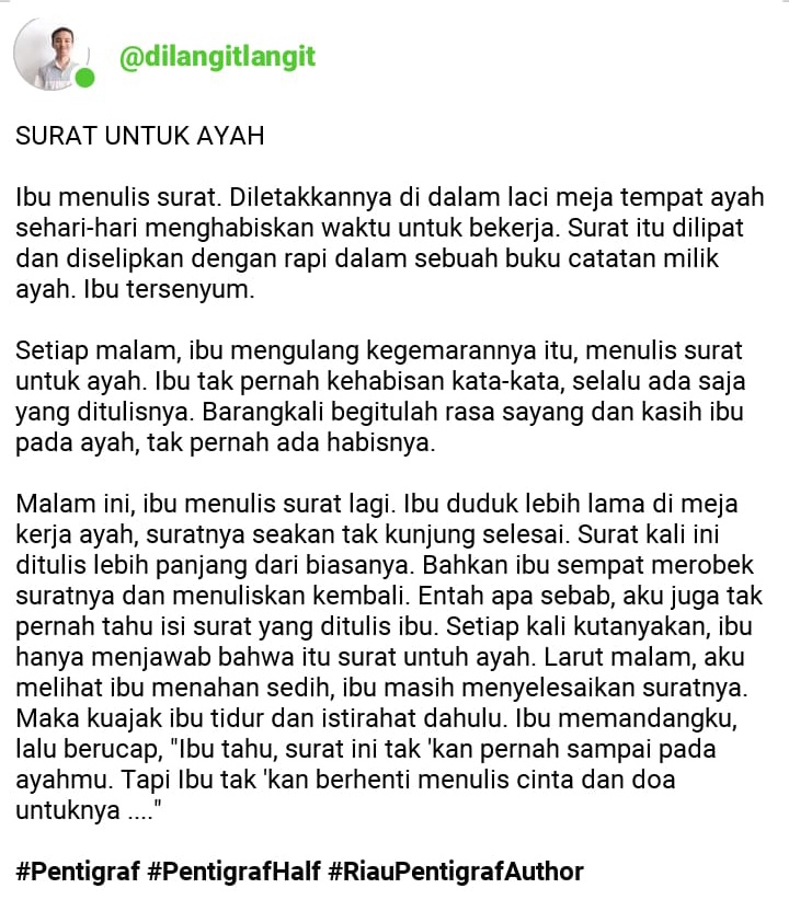 sabtudanmingguu's tweet photo. Pentigraf : Surat Untuk Ayah
#Pentigraf #PentigrafHalf https://t.co/q6QVFzCf08