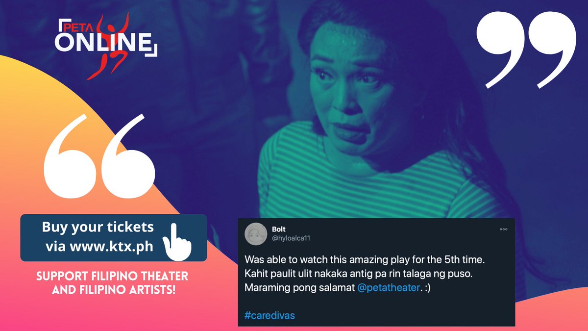 petatheater's tweet photo. ✅ Care Divas 
✅ Si Juan Tamad, And Diyablo, at ang Limang Milyong Boto
✅ 1896
✅ PETA Lab Sets A &amp; B

All available from today until Sunday ‼️ Get your tickets now at https://t.co/jcLZY0sqAL 🤩💕 

#streamingparasasining #petabeyondcovid #kitaktxsapeta https://t.co/tU8ZNY2Afg