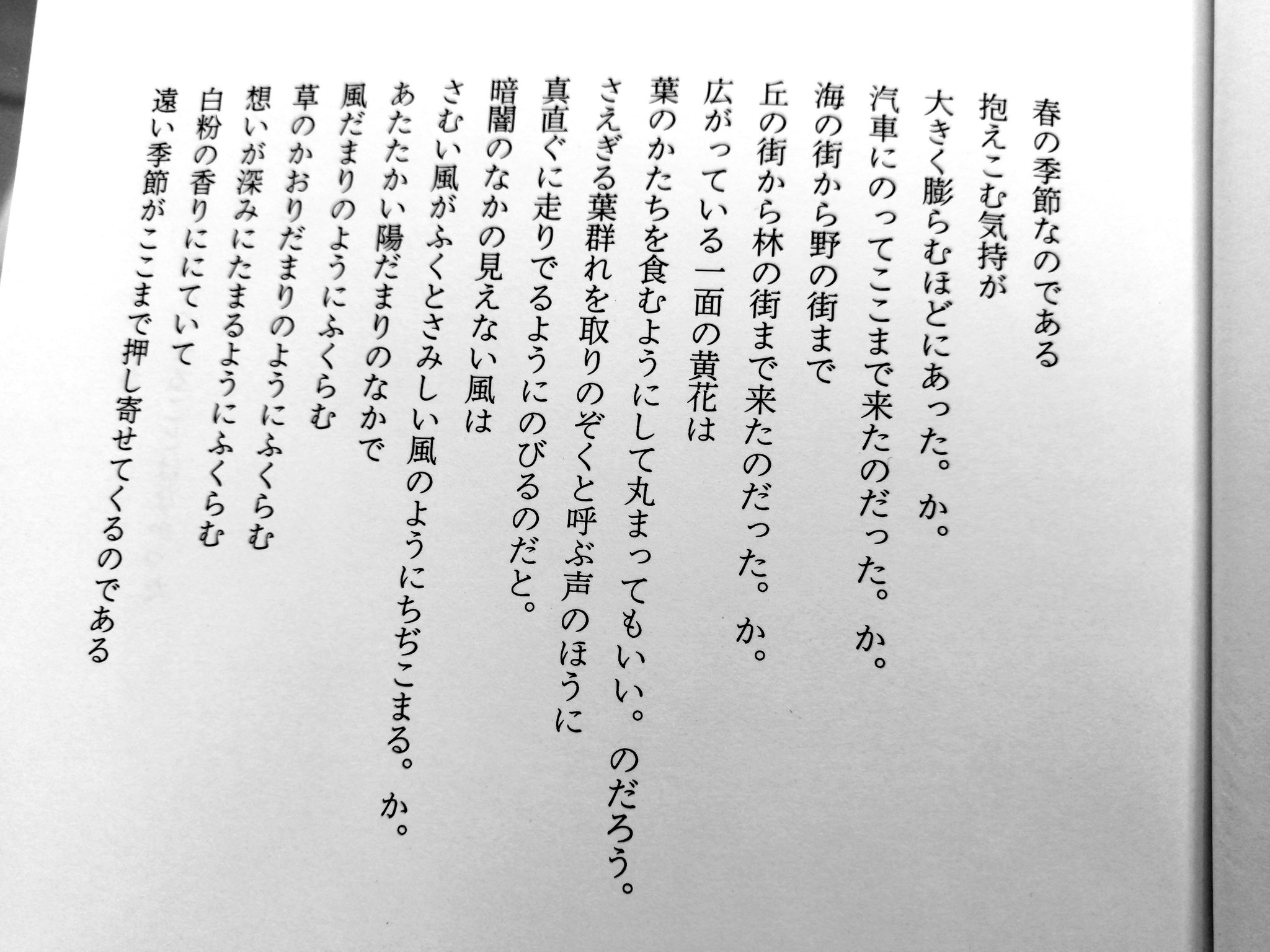 詩誌エウメニデス事務局 あたたかい陽だまりのなかで 風だまりのようにふくらむ 草のかおりだまりのようにふくらむ 想いが深みにたまるようにふくらむ 白粉の香りににていて 遠い季節がここまで押し寄せてくるのである 鈴木東海子 風草野 部分 画像ニ枚も 詩誌エウメニデス事務局 あたたかい陽だまりのなかで 風だまりのようにふくらむ 草のかおりだまりのようにふくらむ 想いが深みにたまるようにふくらむ 白粉の香りににていて 遠い季節がここまで押し寄せてくるのである 鈴木東海子 風草野 部分 画像ニ枚も