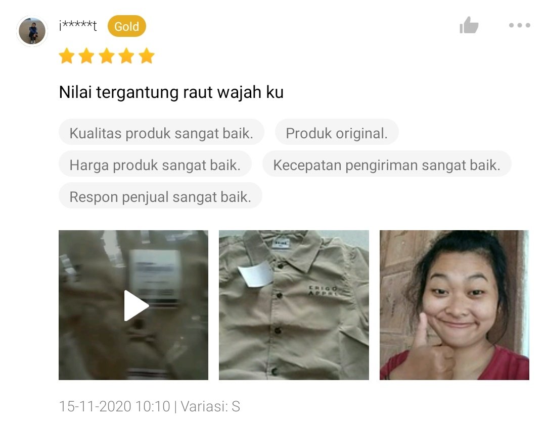 Senyum dan mengancungkan jempol, pelanggan toko online ini memberikan testimoni positif kepada toko online yang menjual baju tersebut.