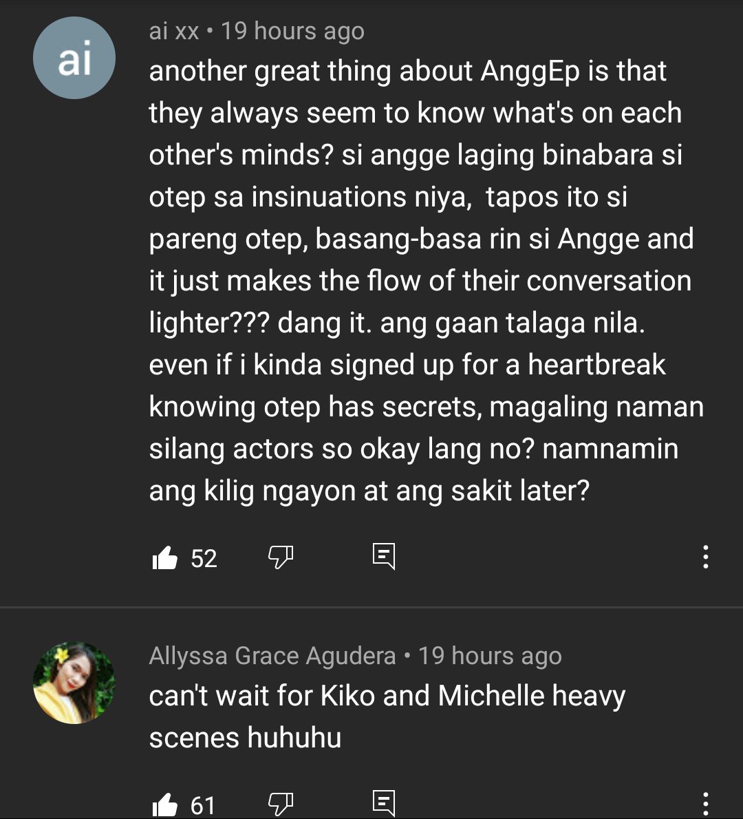 AdmireMichelleV's tweet photo. Feature Friday: YouTube Comment Edition #BUFakeDate

Feel niyo rin ba ang #AnggEp fever? Kitang kita ang support ng mga #BagongUmaga viewers sa 'Fake Date' nila Angge at Otep. Same feels din ba kayo? 

Congrats @rgedramaunit @MichelleVito #KikoEstrada https://t.co/15gTiM0ZnW